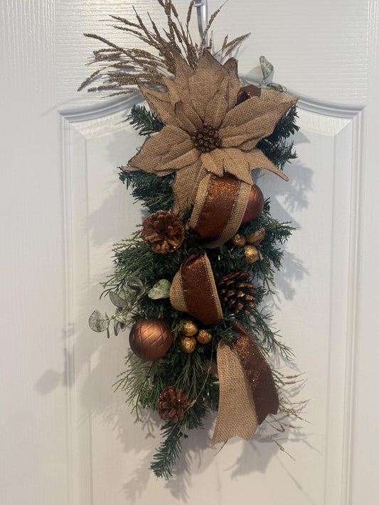 Handmade Rustic Christmas Swag, Poinsettia, Pinecone, Copper Ornaments, Burlap Door Decor — actual product photo
