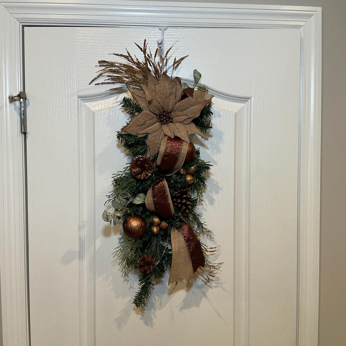 Handmade Rustic Christmas Swag, Poinsettia, Pinecone, Copper Ornaments, Burlap Door Decor — photo 2