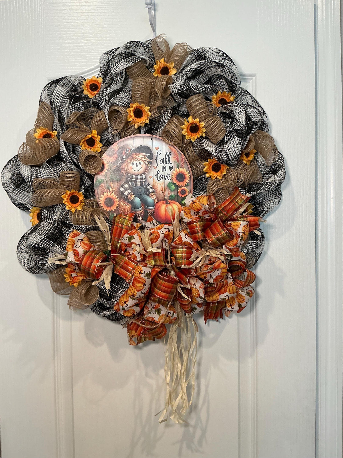 Scarecrow Fall Wreath with Buffalo Check Mesh, Sunflowers and Pumpkin Bow, 16 Inch — actual product photo