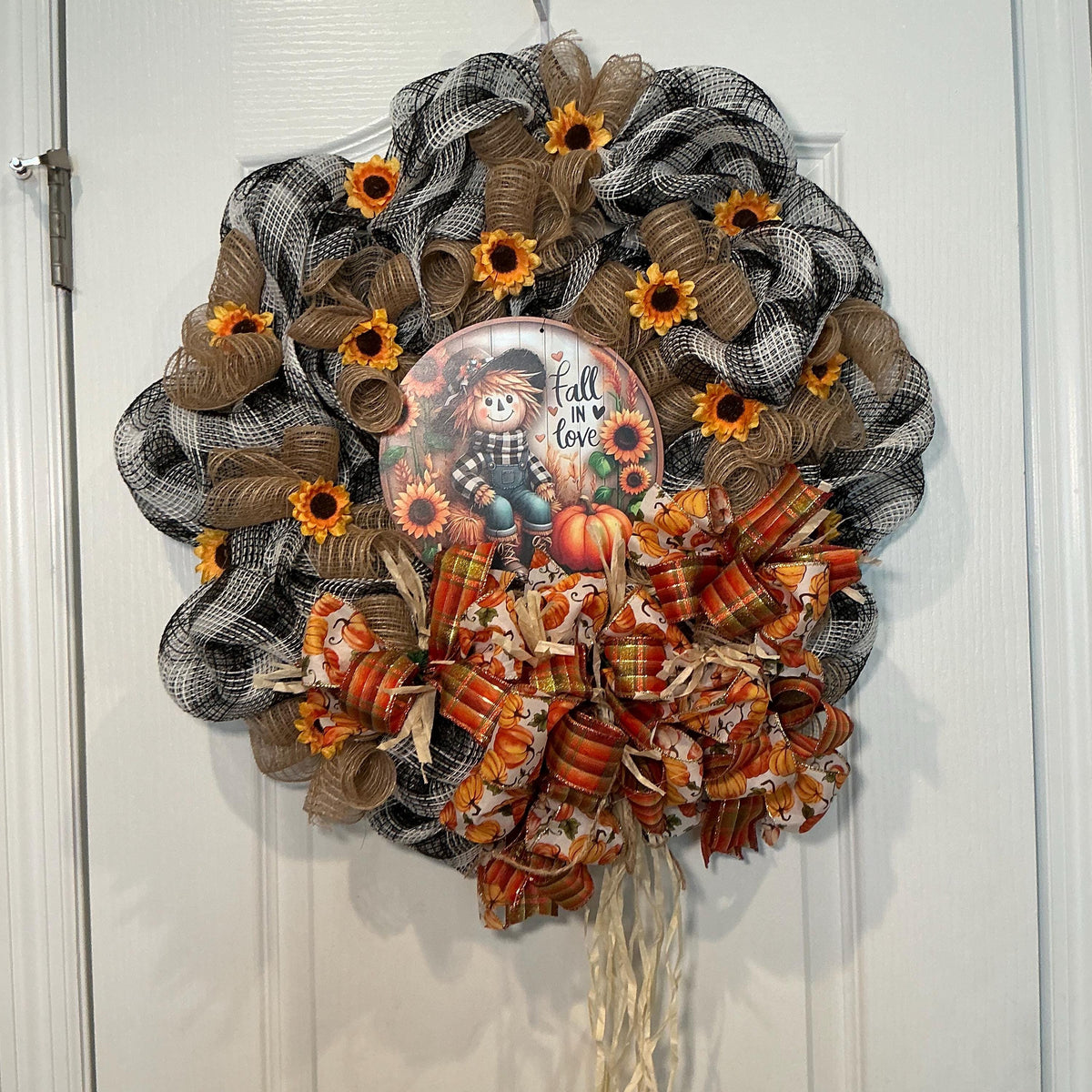 Scarecrow Fall Wreath with Buffalo Check Mesh, Sunflowers and Pumpkin Bow, 16 Inch — photo 2