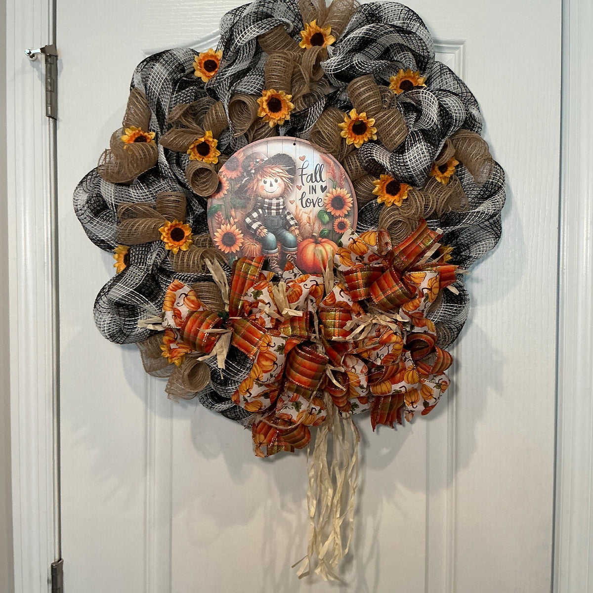 Scarecrow Fall Wreath with Buffalo Check Mesh, Sunflowers and Pumpkin Bow, 16 Inch — photo 3