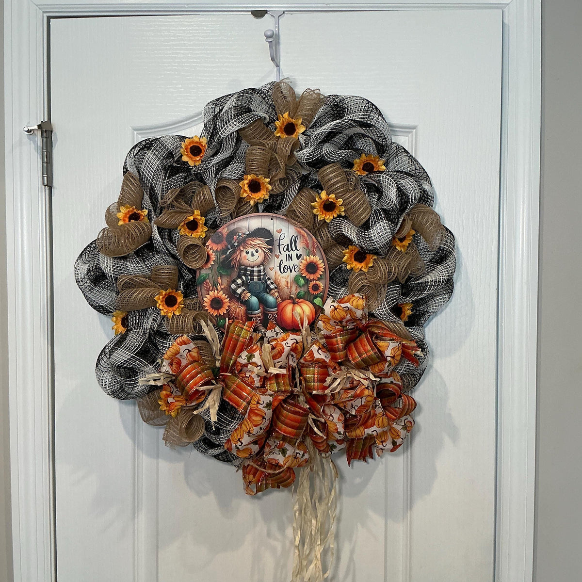 Scarecrow Fall Wreath with Buffalo Check Mesh, Sunflowers and Pumpkin Bow, 16 Inch — photo 4