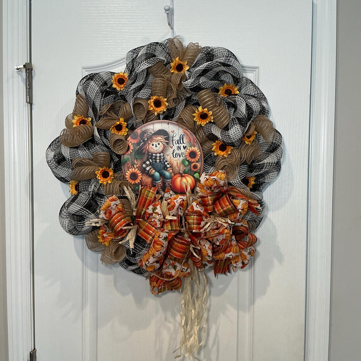 Scarecrow Fall Wreath with Buffalo Check Mesh, Sunflowers and Pumpkin Bow, 16 Inch — photo 5