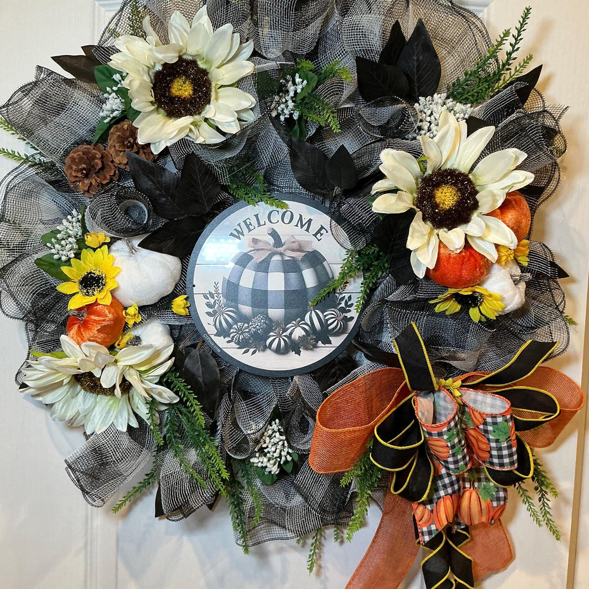 Buffalo Check Fall Wreath, 18 Inch Pancake Frame with Sunflowers and Pumpkins — actual product photo