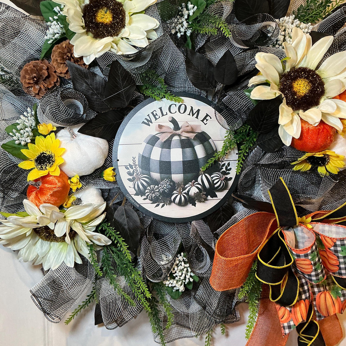 Buffalo Check Fall Wreath, 18 Inch Pancake Frame with Sunflowers and Pumpkins — photo 2