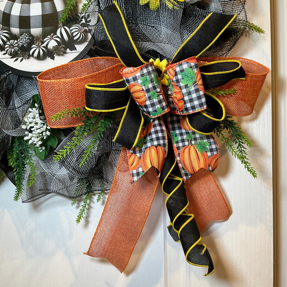 Buffalo Check Fall Wreath, 18 Inch Pancake Frame with Sunflowers and Pumpkins — photo 3