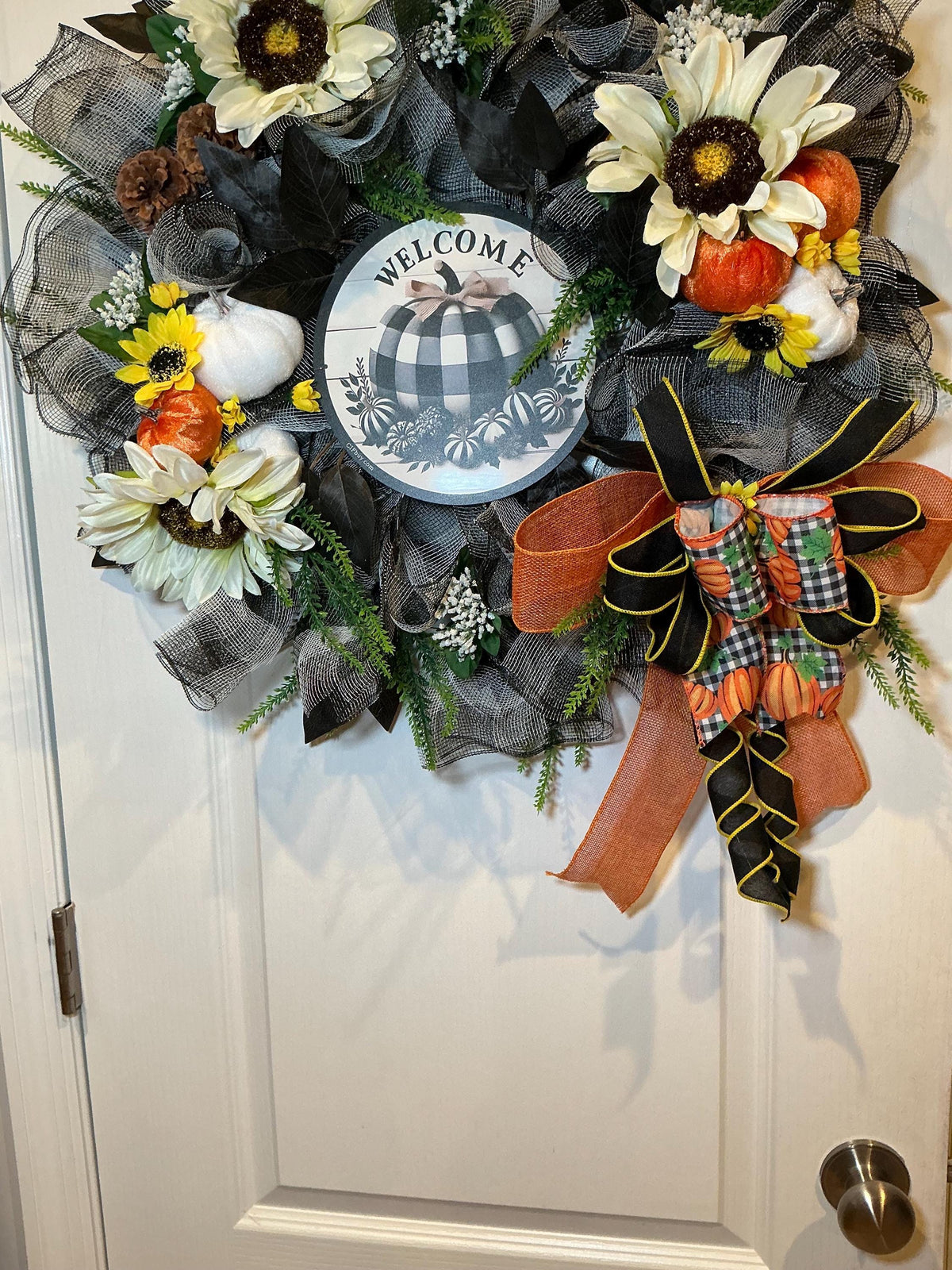 Buffalo Check Fall Wreath, 18 Inch Pancake Frame with Sunflowers and Pumpkins — photo 5