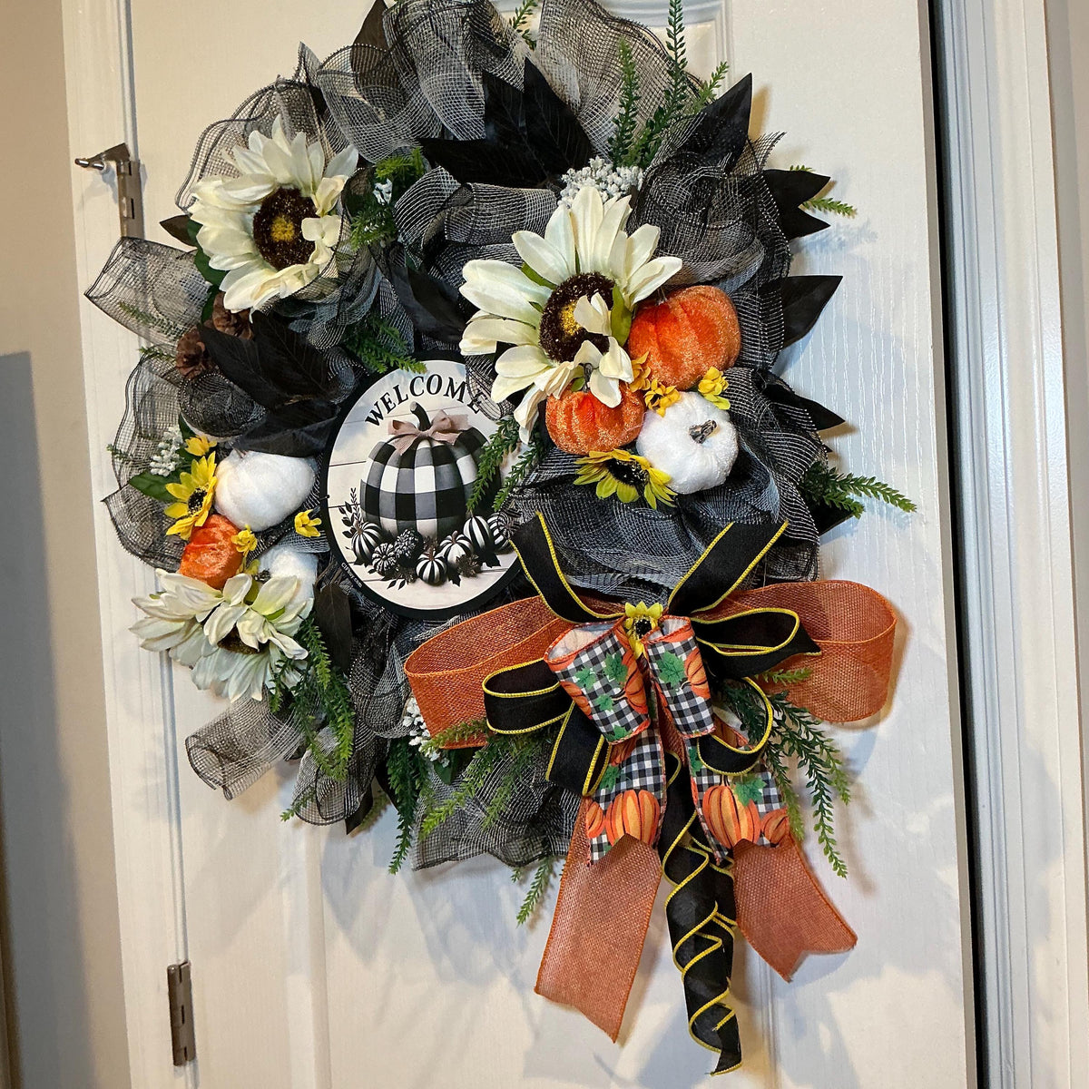 Buffalo Check Fall Wreath, 18 Inch Pancake Frame with Sunflowers and Pumpkins — photo 6