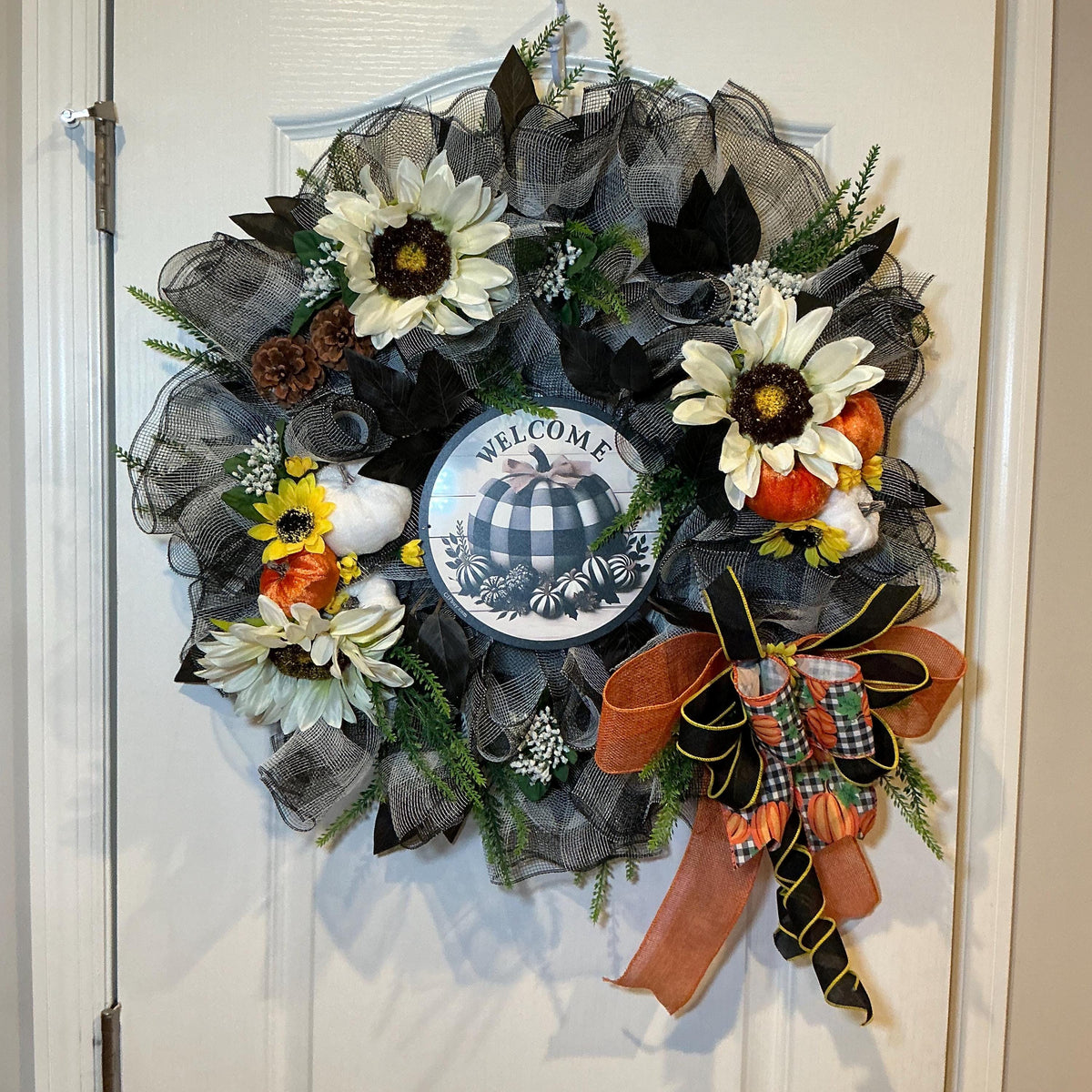 Buffalo Check Fall Wreath, 18 Inch Pancake Frame with Sunflowers and Pumpkins — photo 9