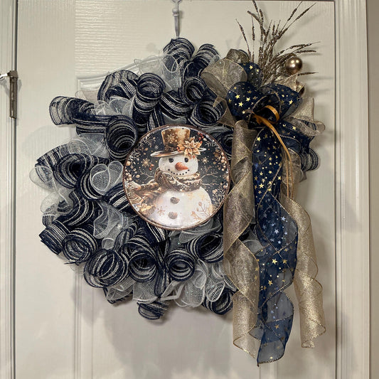 Navy Blue Gold Snowman Wreath, Elegant Winter Door Wreath, Navy White Mesh Wreath with Star Bow, Gold Snowman Sign Christmas Decor — actual product photo