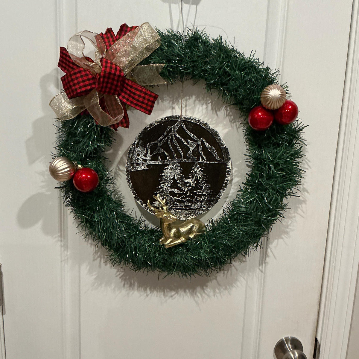 Rustic Christmas Wreath: Buffalo Plaid, Mountain Scene, Deer, 18 Inch Farmhouse Decor — actual product photo