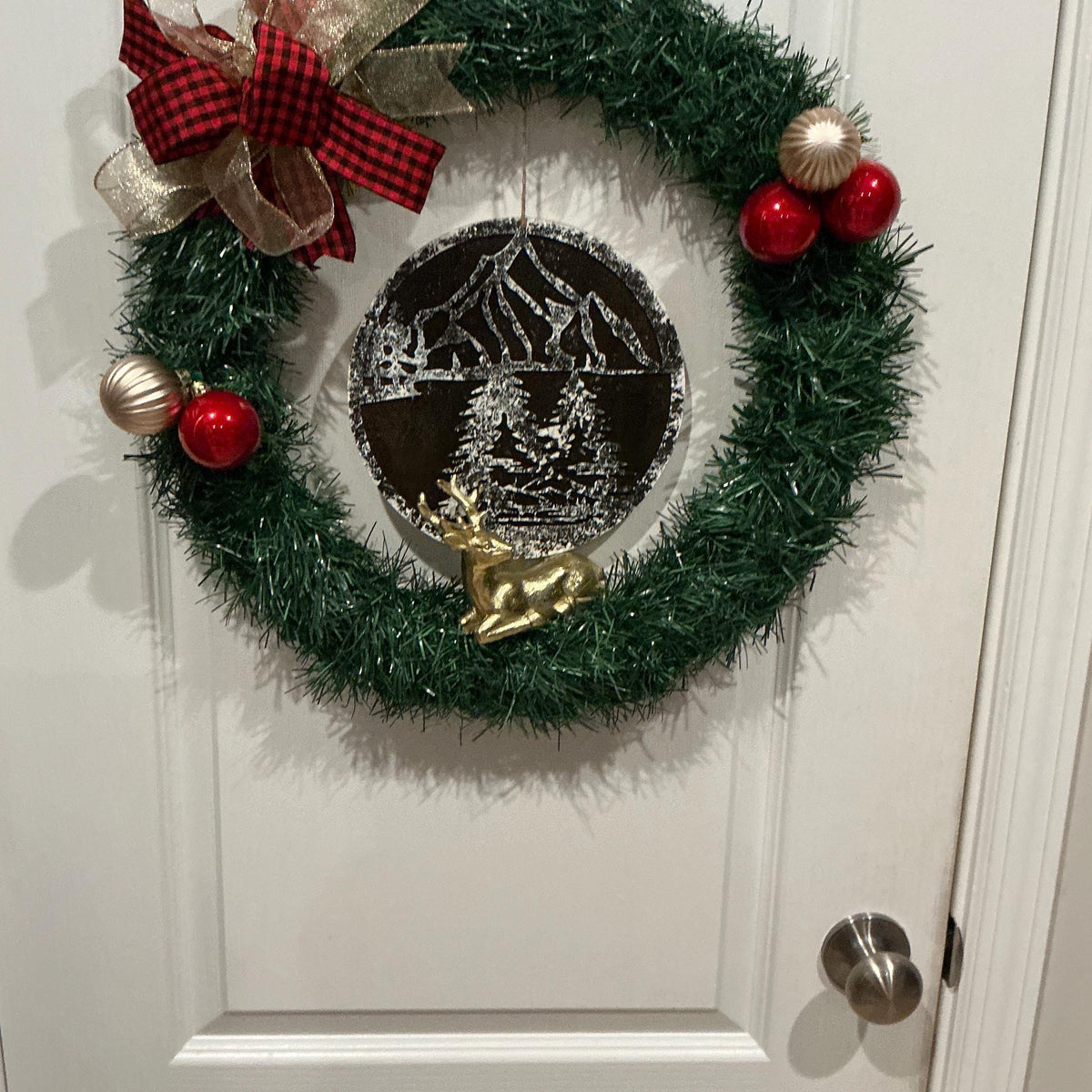 Rustic Christmas Wreath: Buffalo Plaid, Mountain Scene, Deer, 18 Inch Farmhouse Decor — photo 2