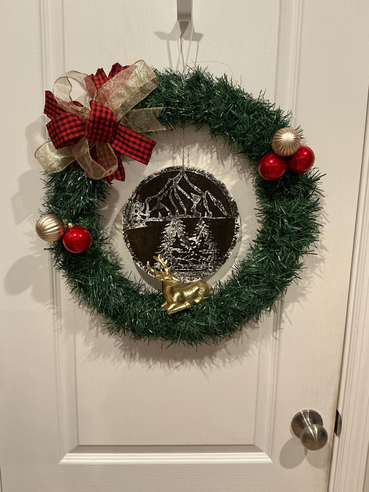 Rustic Christmas Wreath: Buffalo Plaid, Mountain Scene, Deer, 18 Inch Farmhouse Decor — photo 3