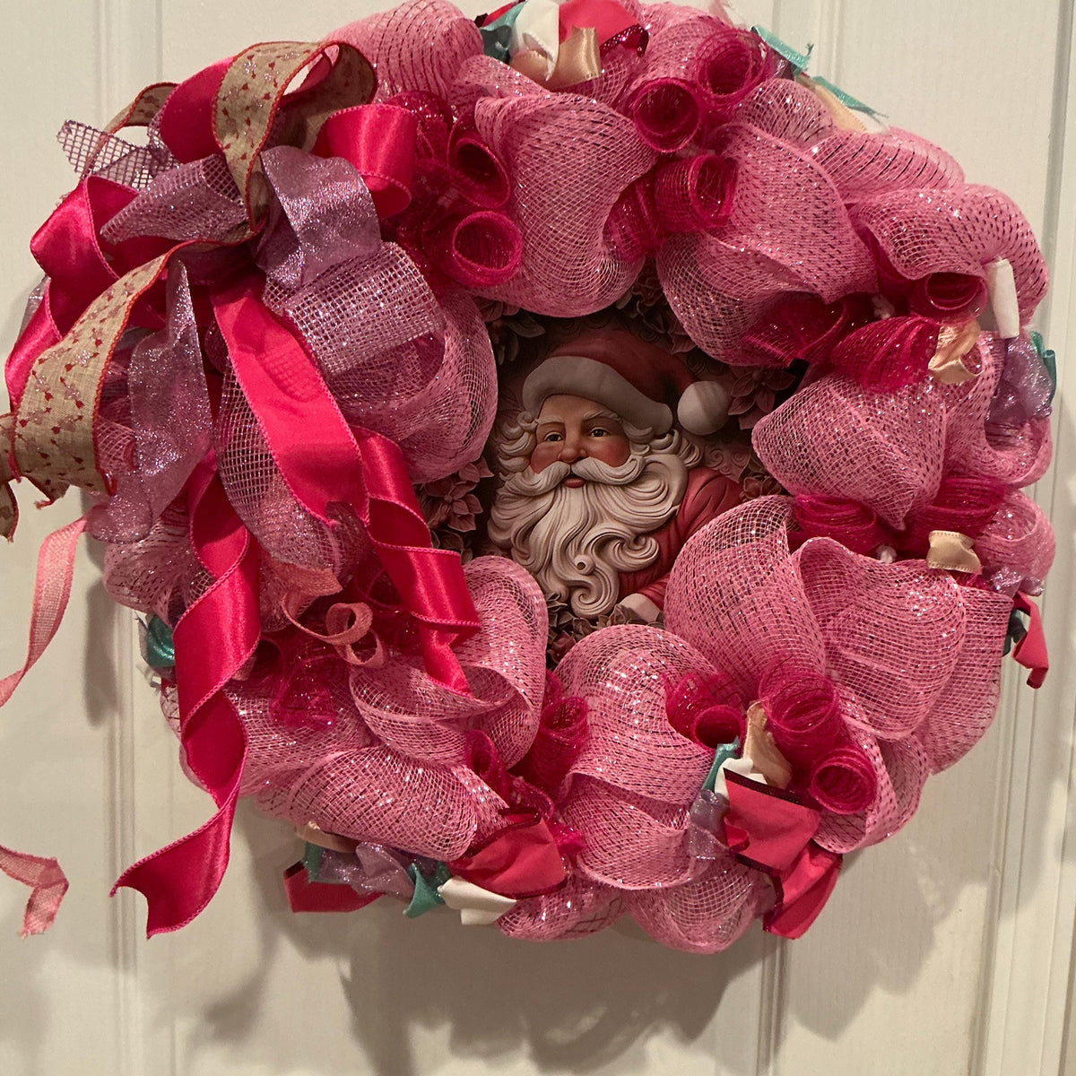 Pink Santa  deco, mesh Christmas, wreath, hot pink holiday door, wreath, glam, Christmas wreath, pink Santa Claus, front door decor — actual product photo