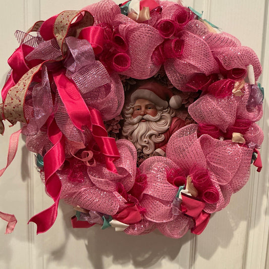 Pink Santa  deco, mesh Christmas, wreath, hot pink holiday door, wreath, glam, Christmas wreath, pink Santa Claus, front door decor — actual product photo