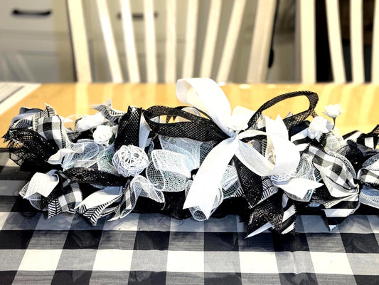 Handcrafted Buffalo Check Swag Centerpiece, Black White Farmhouse Decor — actual product photo
