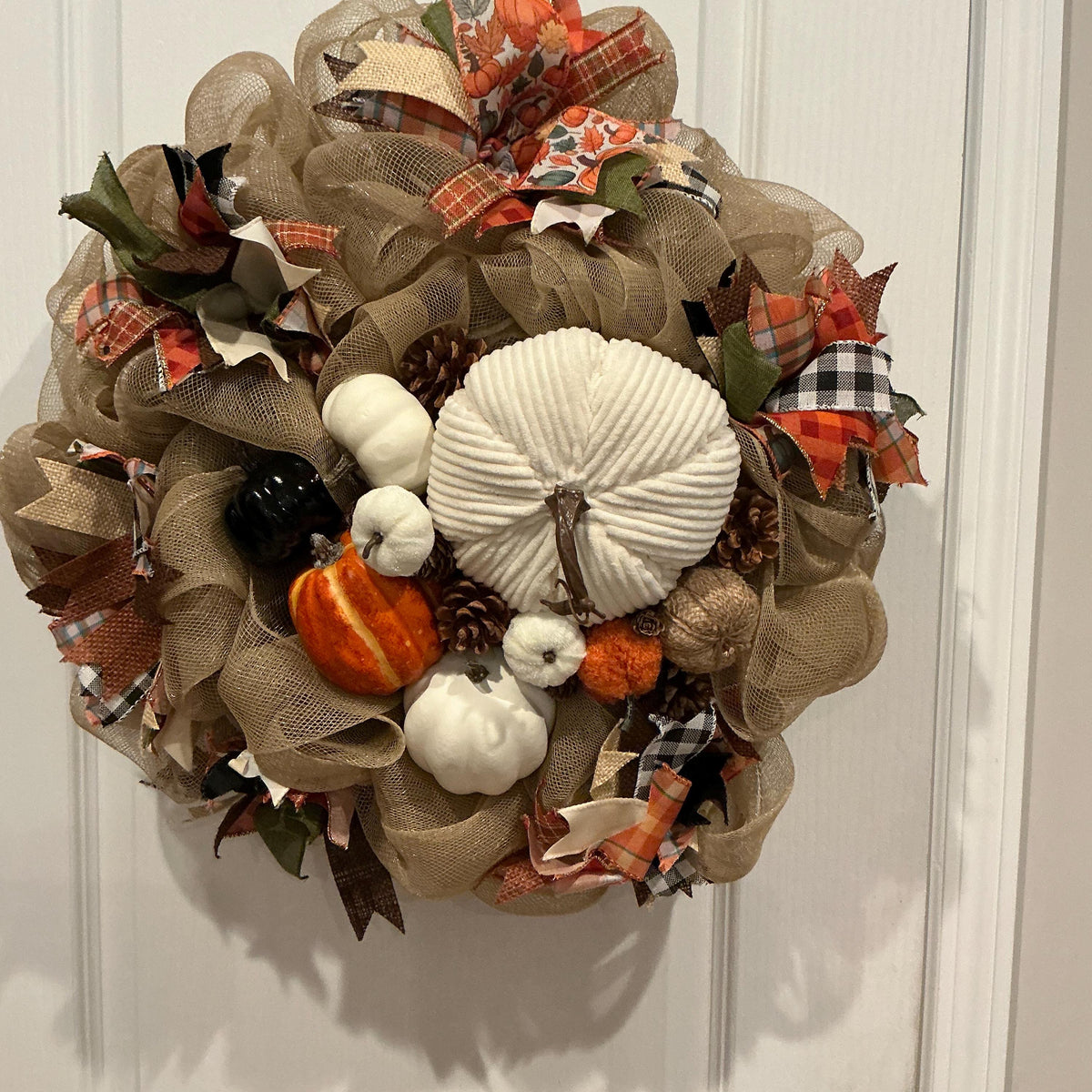 Buffalo Check Pumpkin Fall Wreath, 14 Inch Deco Mesh Farmhouse Door Decor — actual product photo