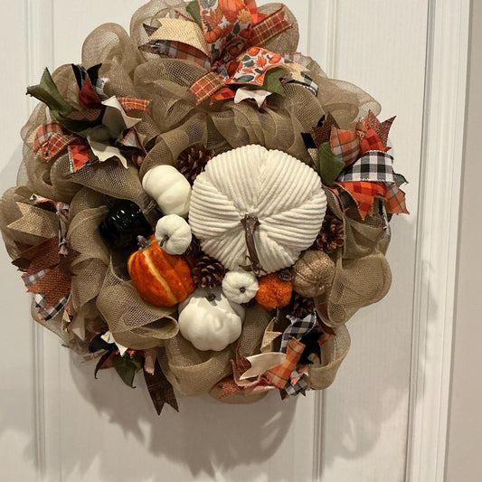 Buffalo Check Pumpkin Fall Wreath, 14 Inch Deco Mesh Farmhouse Door Decor — actual product photo