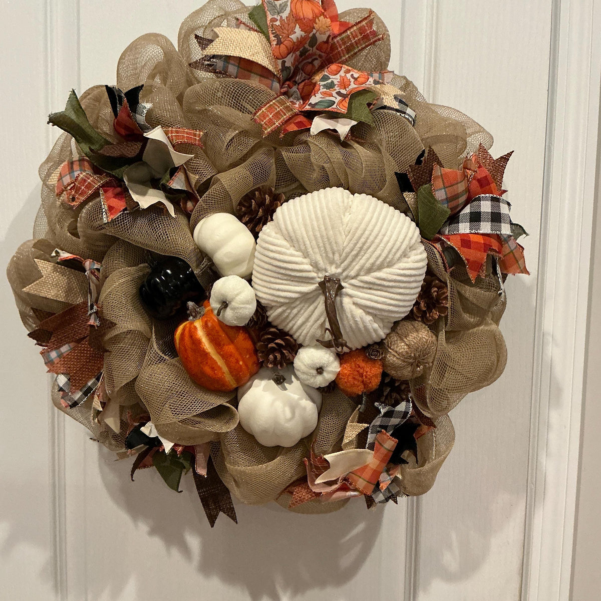 Buffalo Check Pumpkin Fall Wreath, 14 Inch Deco Mesh Farmhouse Door Decor — photo 2