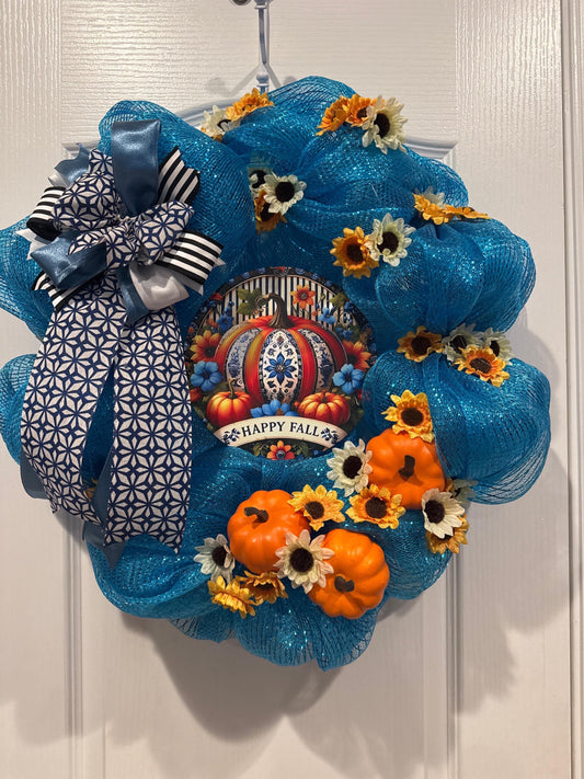 Blue Fall Deco Mesh Wreath with Pumpkin Sign and Sunflowers, 16 Inch — actual product photo