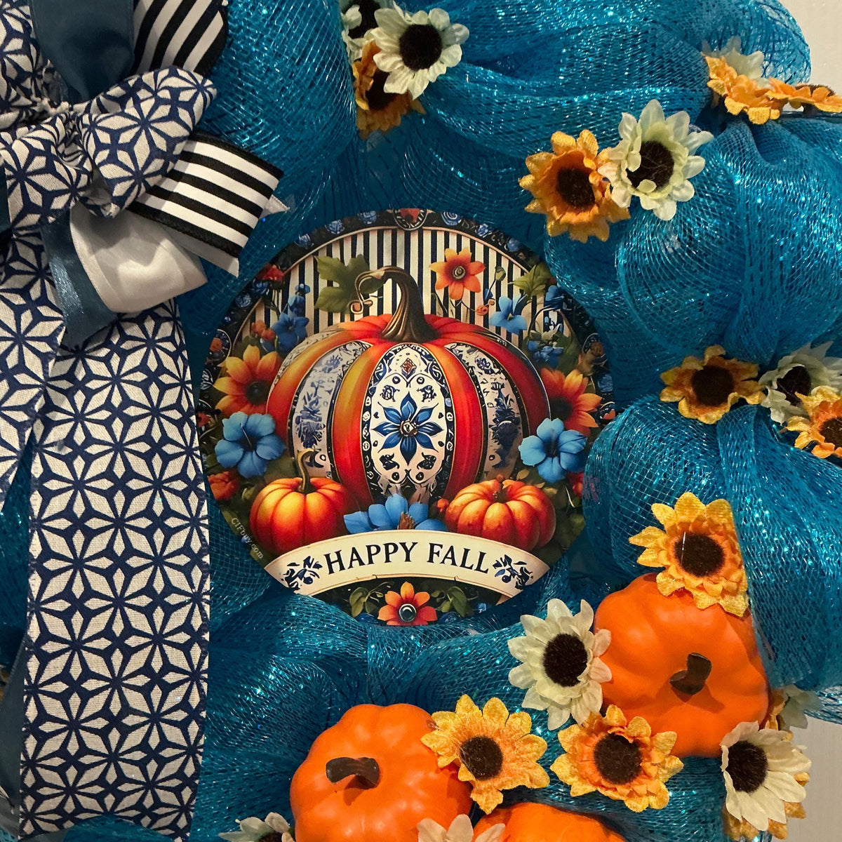 Blue Fall Deco Mesh Wreath with Pumpkin Sign and Sunflowers, 16 Inch — photo 2