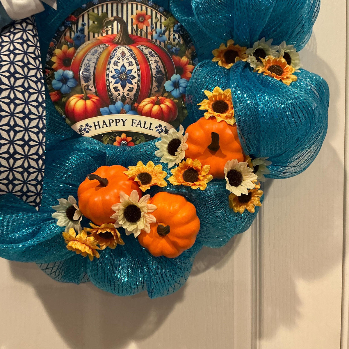 Blue Fall Deco Mesh Wreath with Pumpkin Sign and Sunflowers, 16 Inch — photo 3