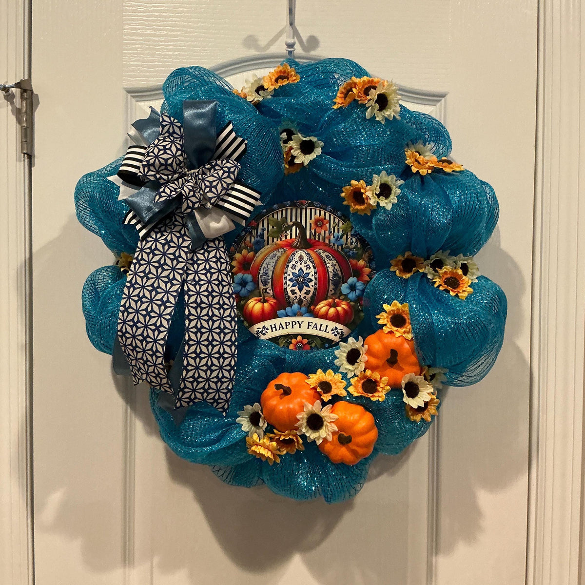 Blue Fall Deco Mesh Wreath with Pumpkin Sign and Sunflowers, 16 Inch — photo 4