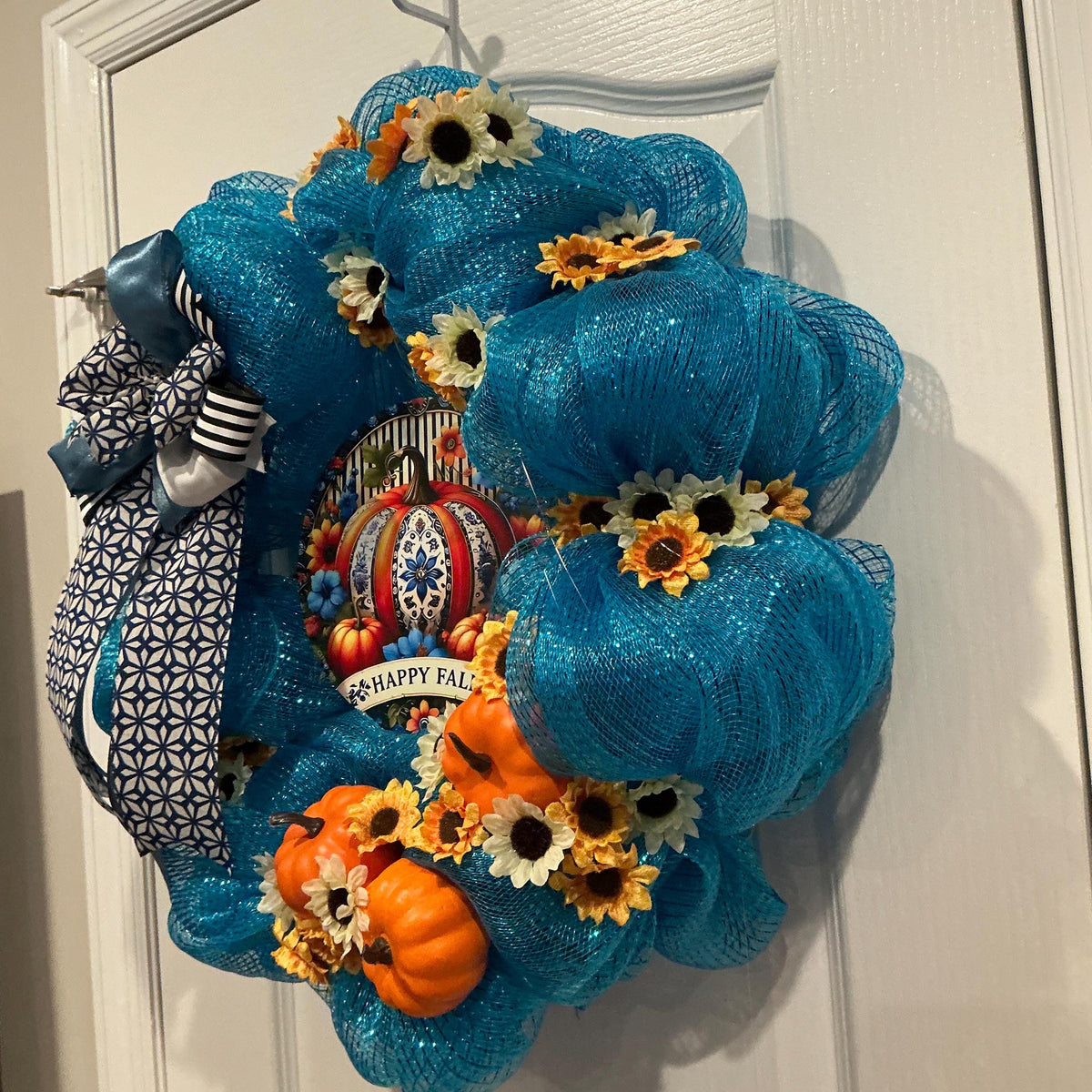 Blue Fall Deco Mesh Wreath with Pumpkin Sign and Sunflowers, 16 Inch — photo 5
