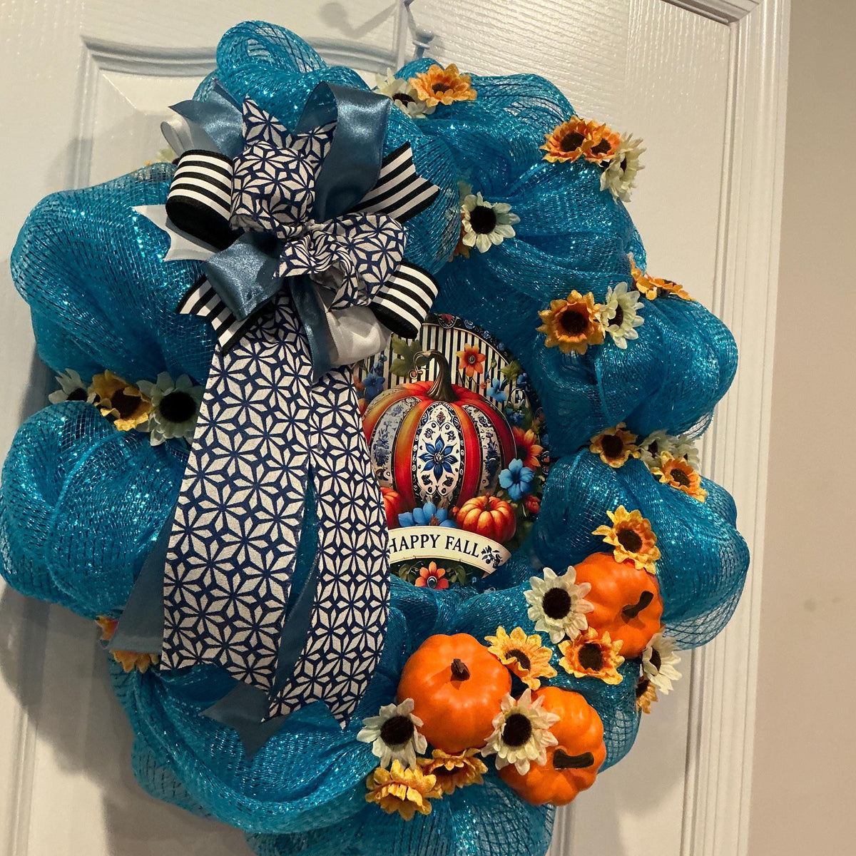 Blue Fall Deco Mesh Wreath with Pumpkin Sign and Sunflowers, 16 Inch — photo 6