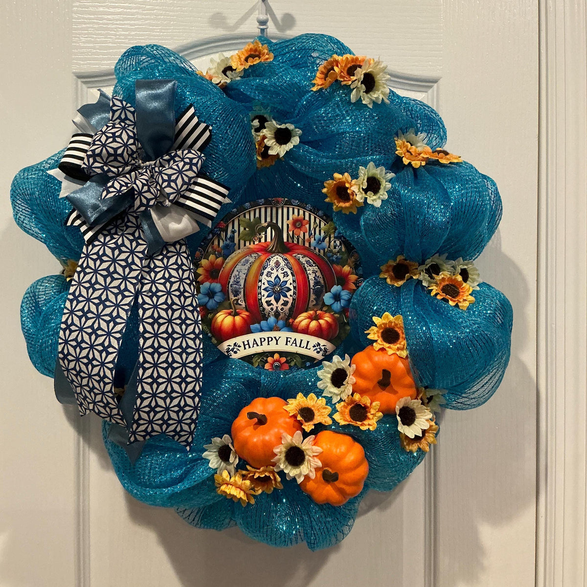 Blue Fall Deco Mesh Wreath with Pumpkin Sign and Sunflowers, 16 Inch — photo 7