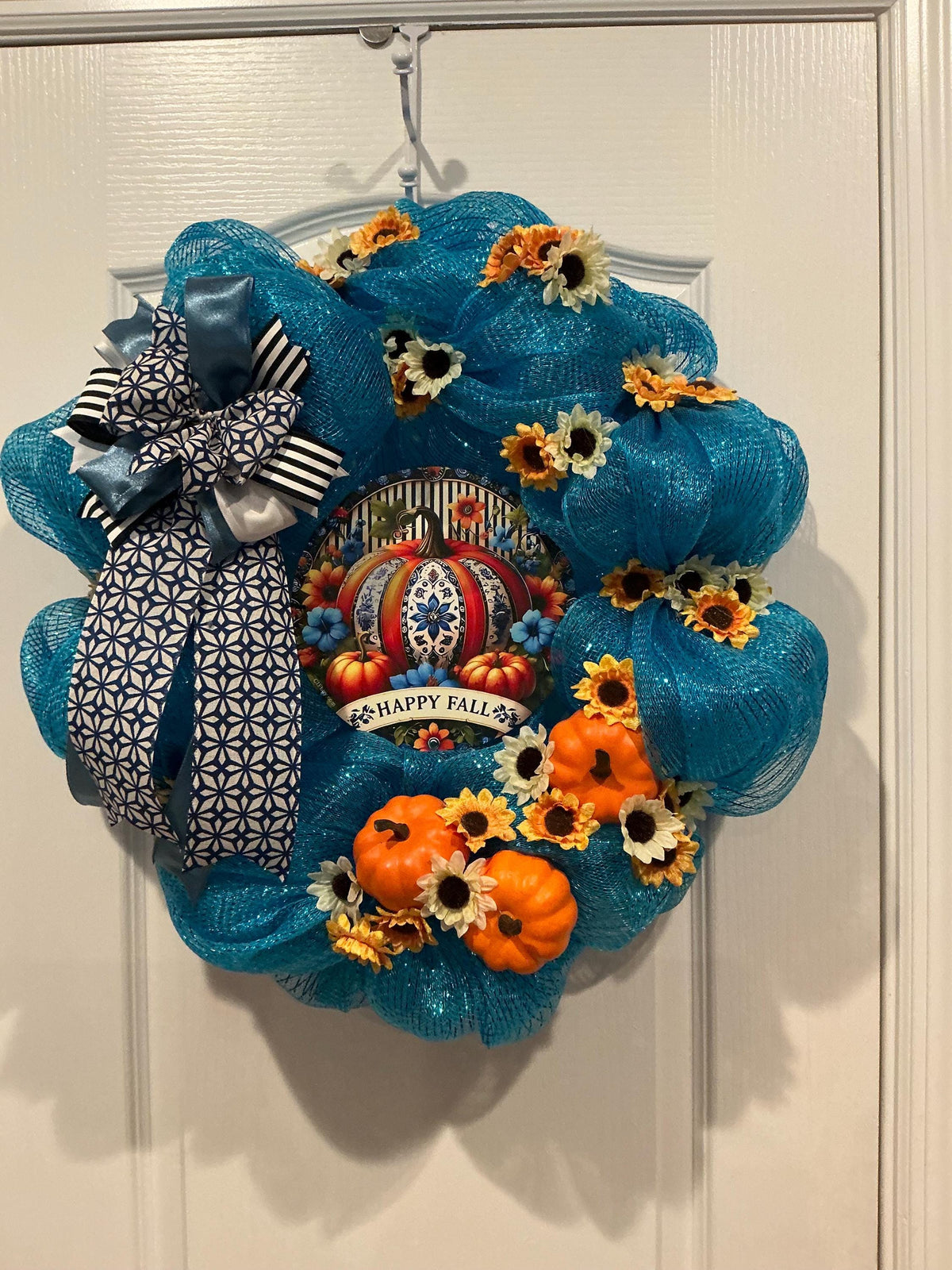 Blue Fall Deco Mesh Wreath with Pumpkin Sign and Sunflowers, 16 Inch — photo 8
