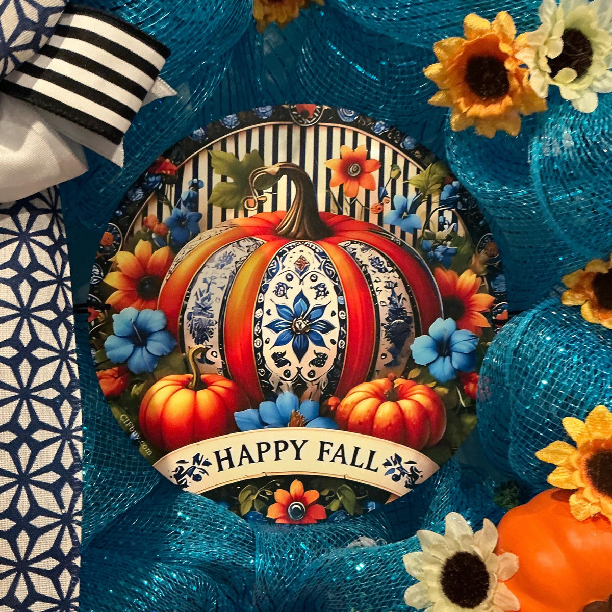 Blue Fall Deco Mesh Wreath with Pumpkin Sign and Sunflowers, 16 Inch — photo 9