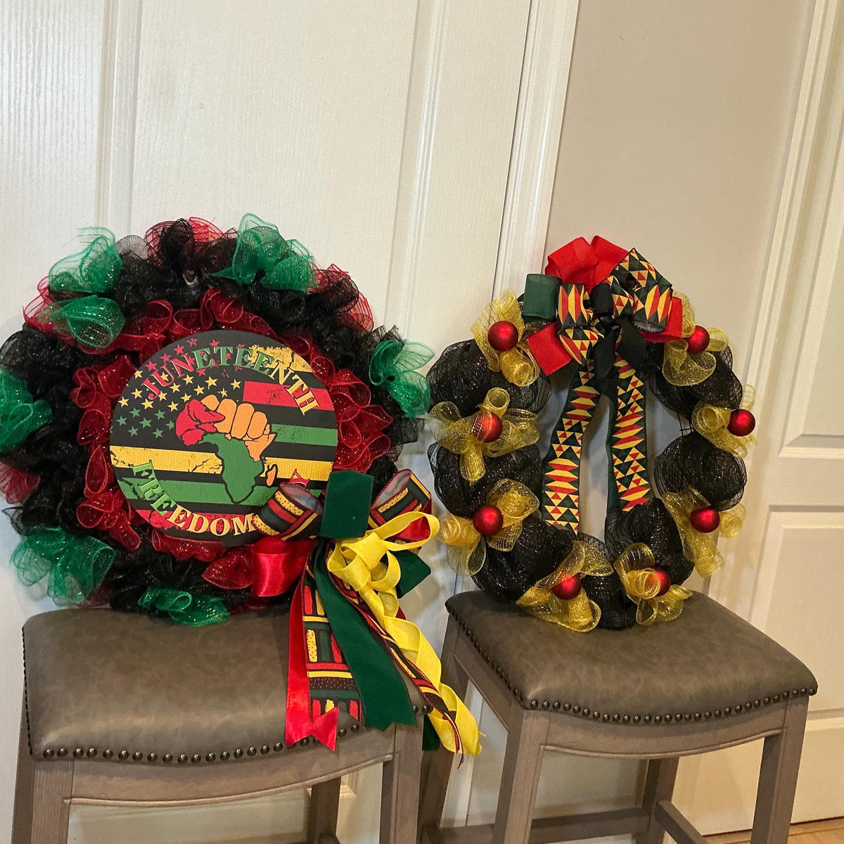 Juneteenth Bundle Set of 2, Freedom Day Sign Wreath and Kente Gold Wreath, Pan African Decor, Handmade Gift
