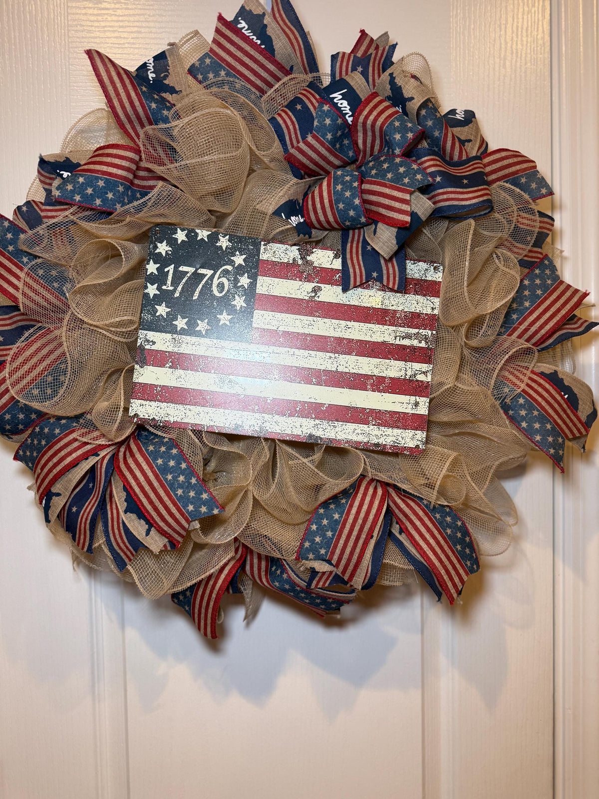 Betsy Ross Flag Wreath, Burlap Front Door Decor, Fourth of July Red White Blue, Memorial Day, Rustic Farmhouse Decor, Handmade NC
