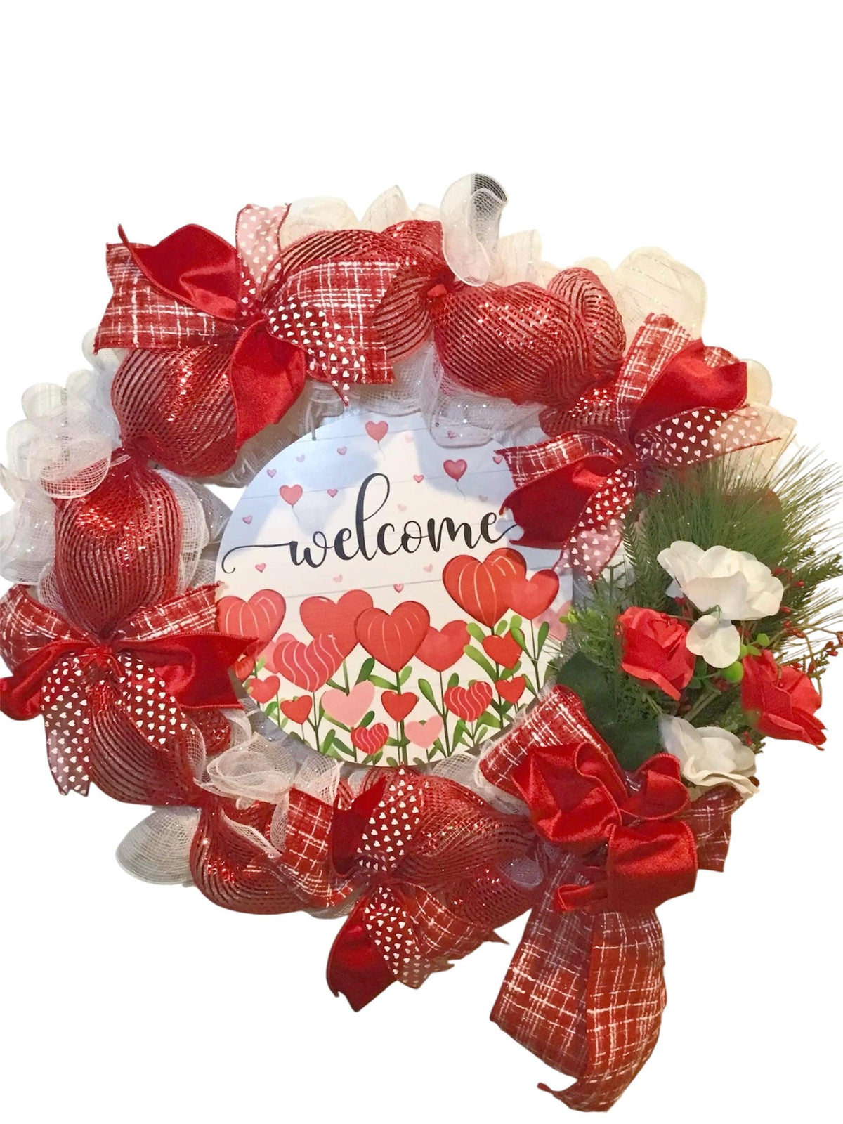 Valentine’s Day Wreath, Red Deco Mesh Heart Door Decor, Welcome Valentine Front Door Hanging