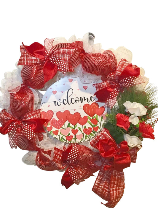 Valentine’s Day Wreath, Red Deco Mesh Heart Door Decor, Welcome Valentine Front Door Hanging