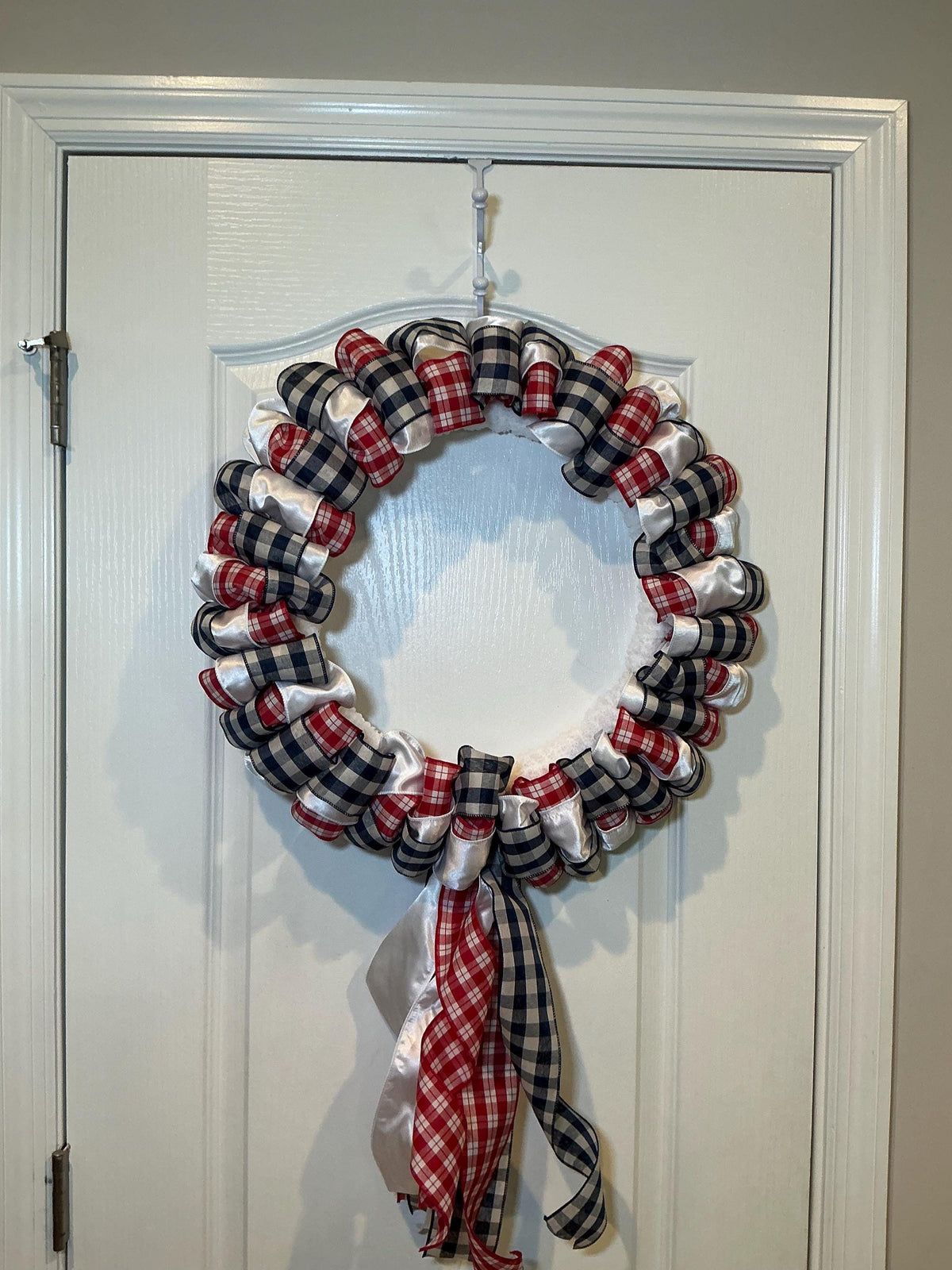 Buffalo Check Wreath, Red White Navy Ribbon Front Door Decor, Fourth of July Americana