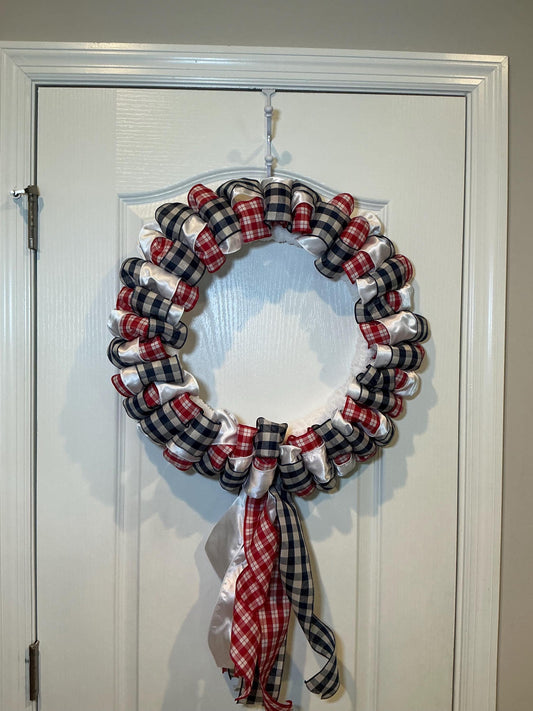 Buffalo Check Wreath, Red White Navy Ribbon Front Door Decor, Fourth of July Americana
