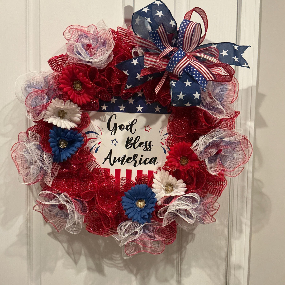 Americana Wreath, God Bless America, Red White Blue Gerber Daisies, 18 Inch Home Decor