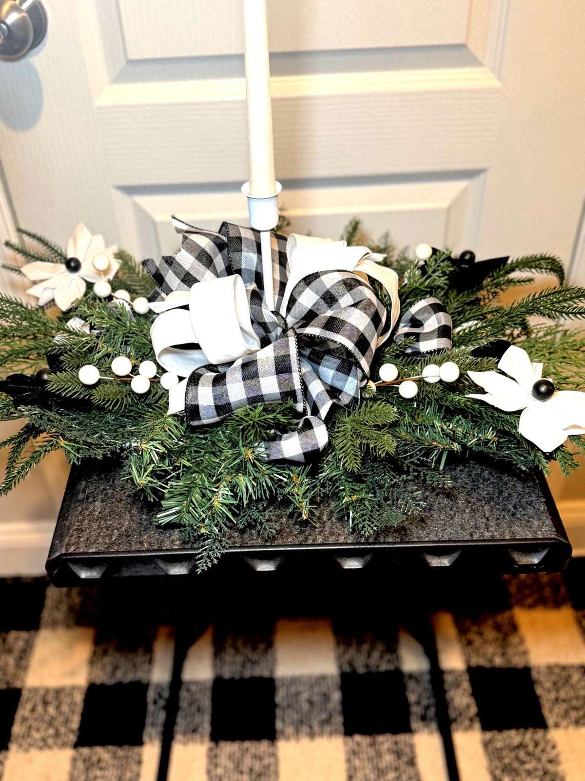 Buffalo Check Centerpiece, Farmhouse Table Decor, Handmade Ribbon Flowers, Black White Candle Holder