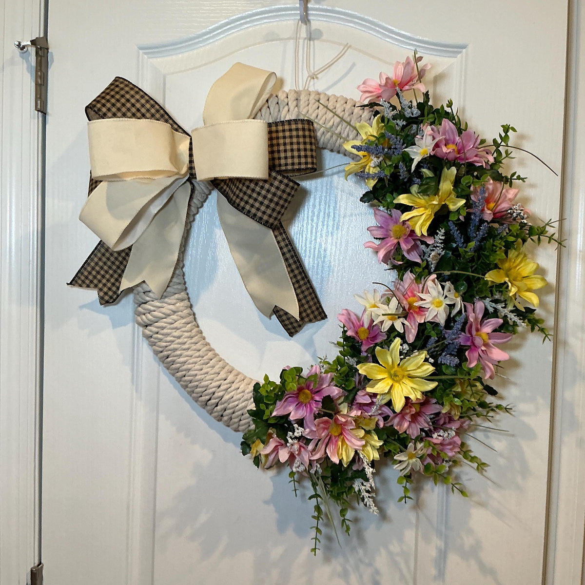 Wildflower Rope Wreath, 18 Inch Daisies Pink Lilies and Buffalo Check Bow