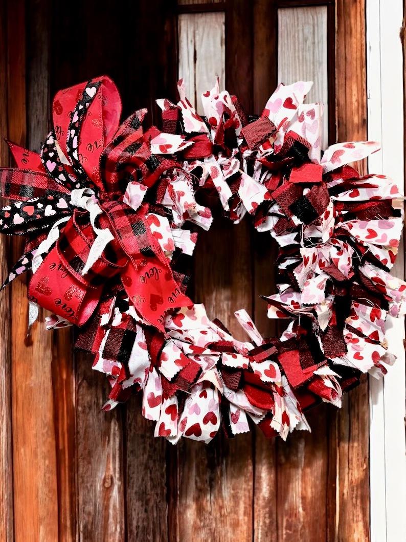 Buffalo Plaid Fabric Rag Wreath, Red Plaid Rustic Farmhouse Front Door Decor