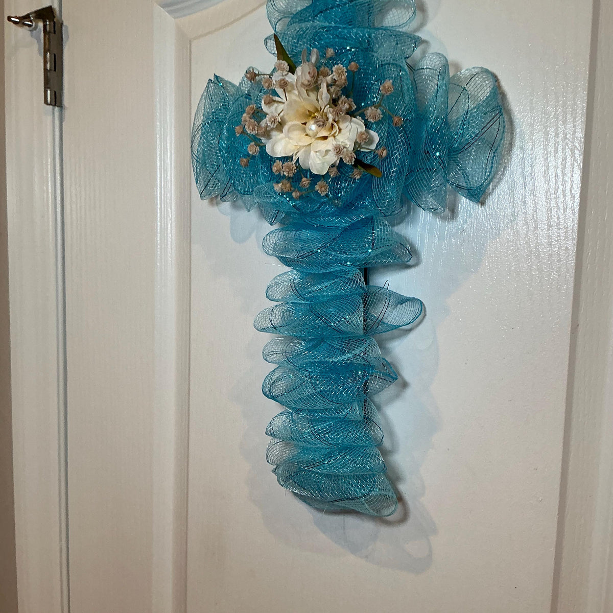 Sky Blue Cross, Ivory Floral Faith Decor, Handmade Church Door Wall Hanging