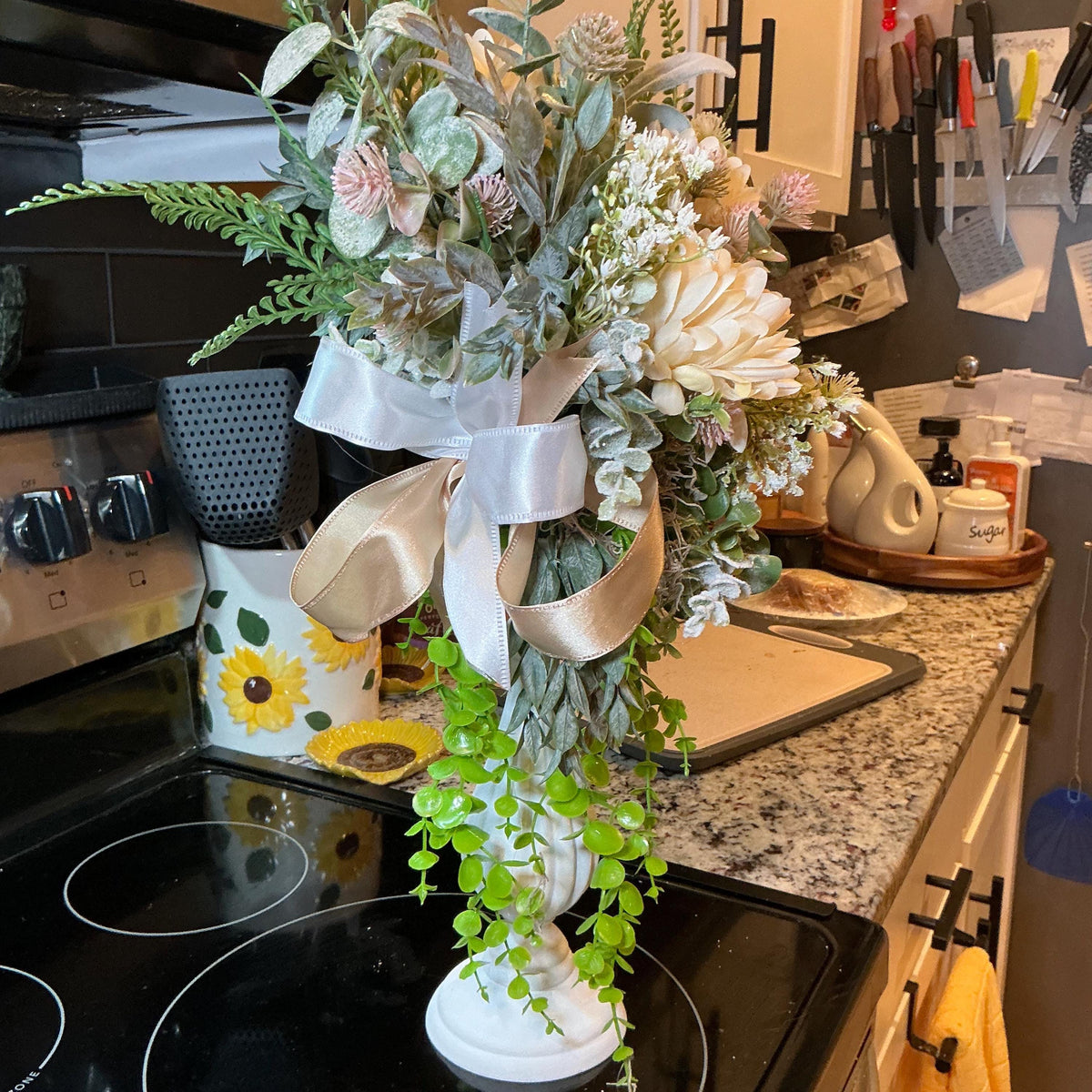 Floral Pedestal Arrangement, Cream Dahlias, Eucalyptus, Trailing Vine, Champagne Bow