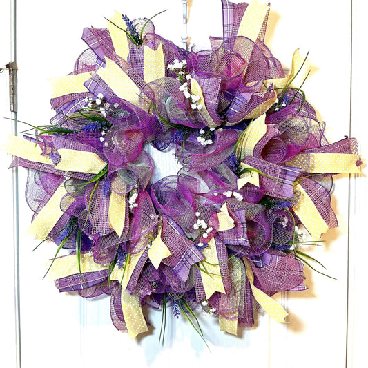 Purple Lavender Wreath, Farmhouse Style, Yellow Polka Dot Ribbon, Baby Breath Accents, 14 Inch