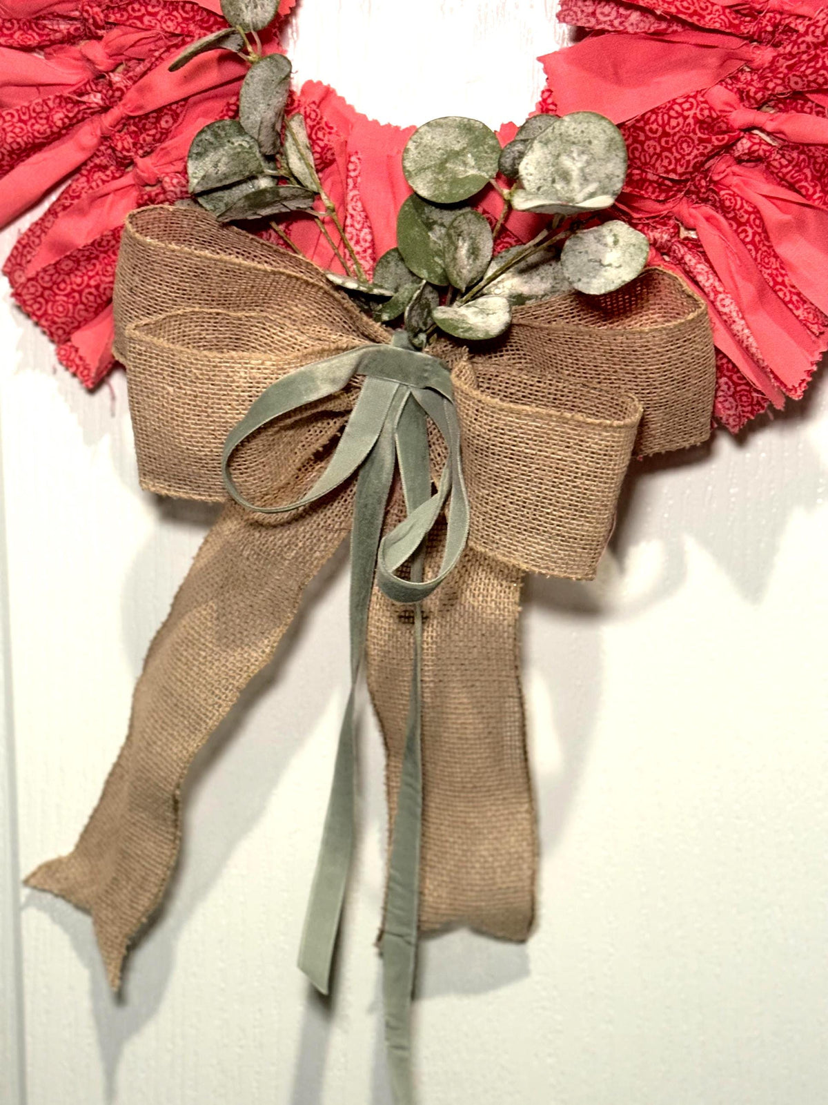 13 Inch Coral Red Fabric Rag Wreath with Burlap Bow, Rustic Farmhouse Door Decor