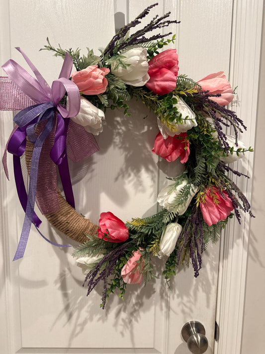 Handmade Tulip Wreath, 18 Inch Pink White Lavender Farmhouse Decor, Purple Ribbon Bow