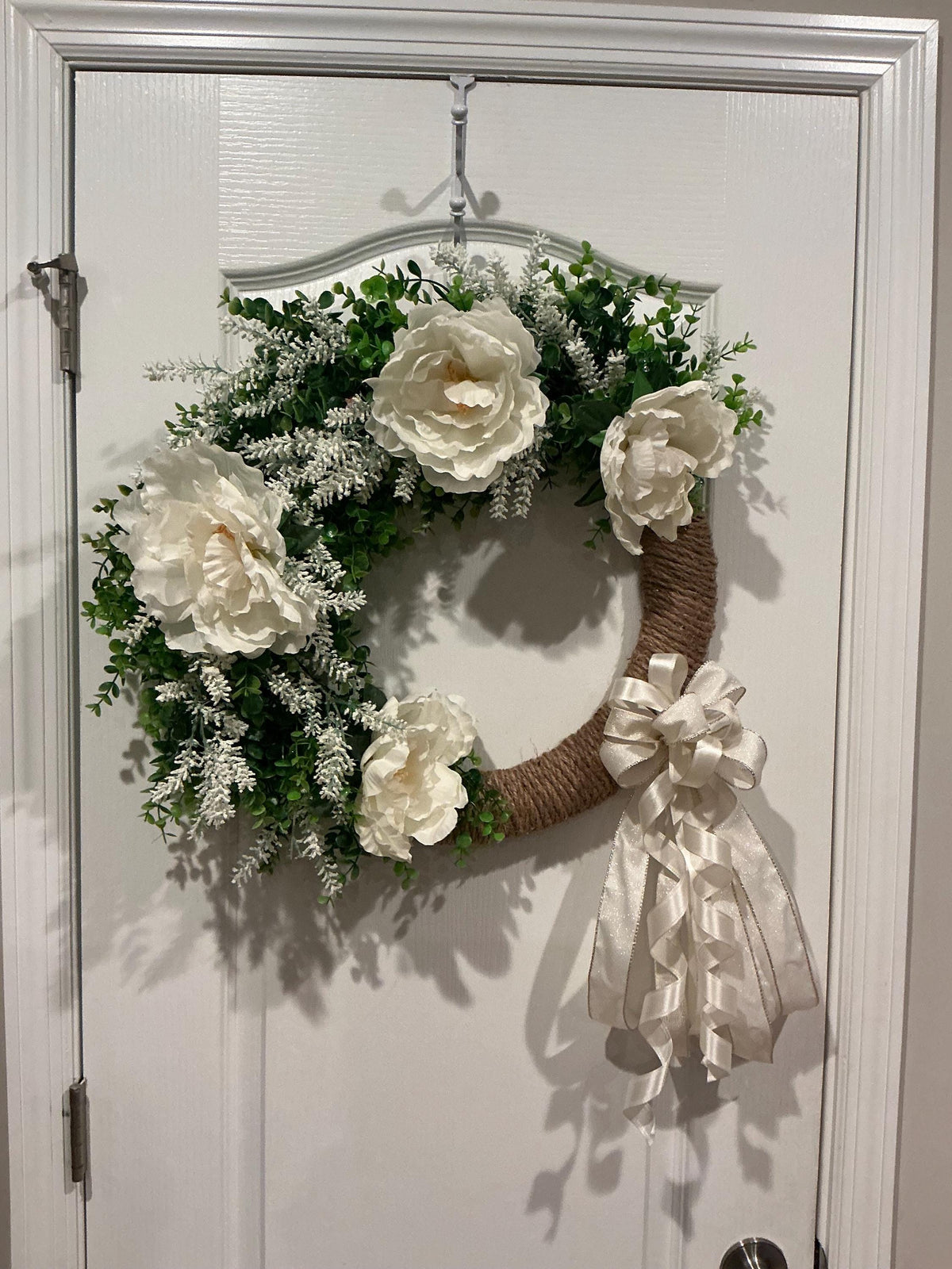 White Peony Wreath, Boxwood Ivory Bow Bridal Decor, Wedding Front Door Multi Purpose Elegance