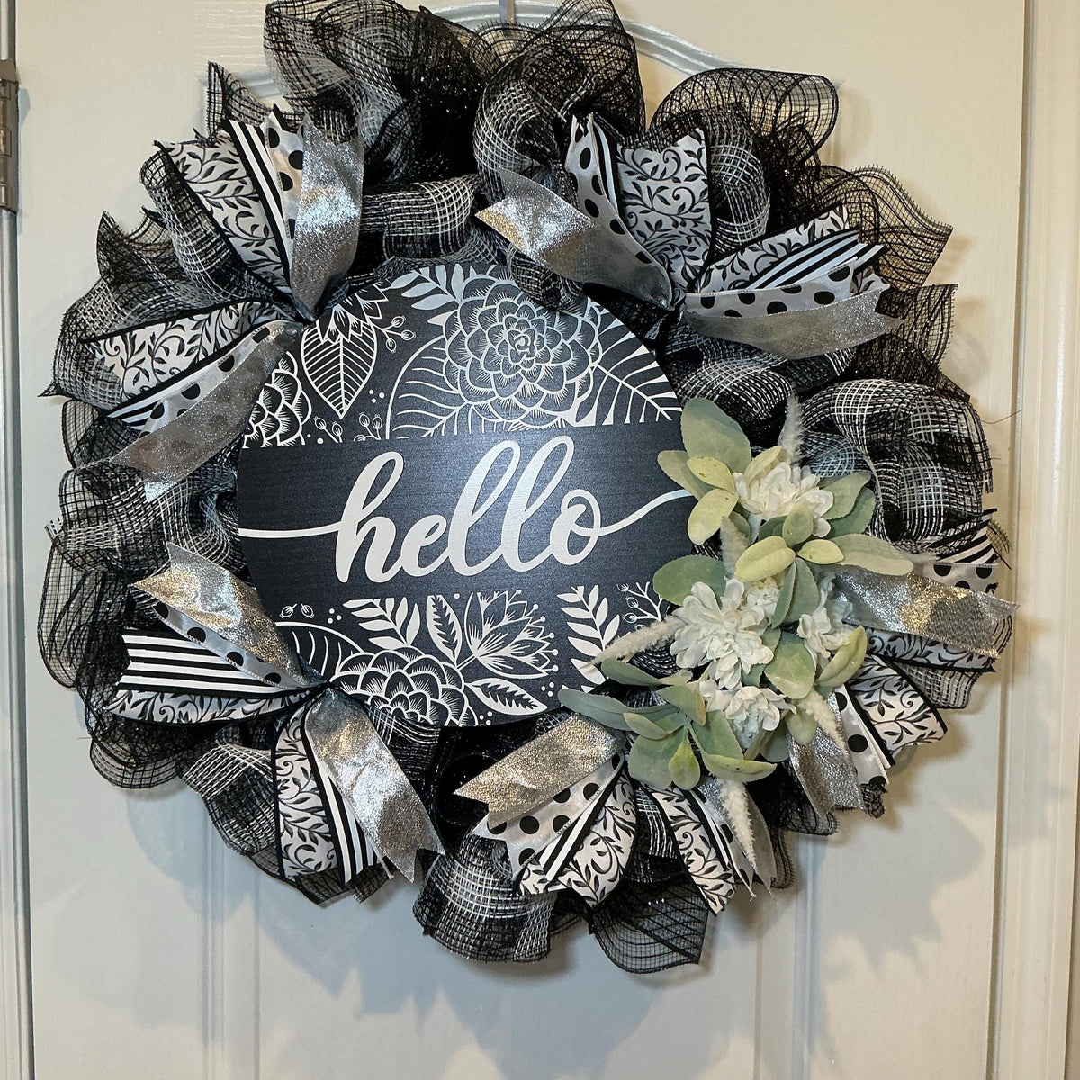 Black and White Hello Wreath with Silver Accents, Farmhouse Front Door Decor