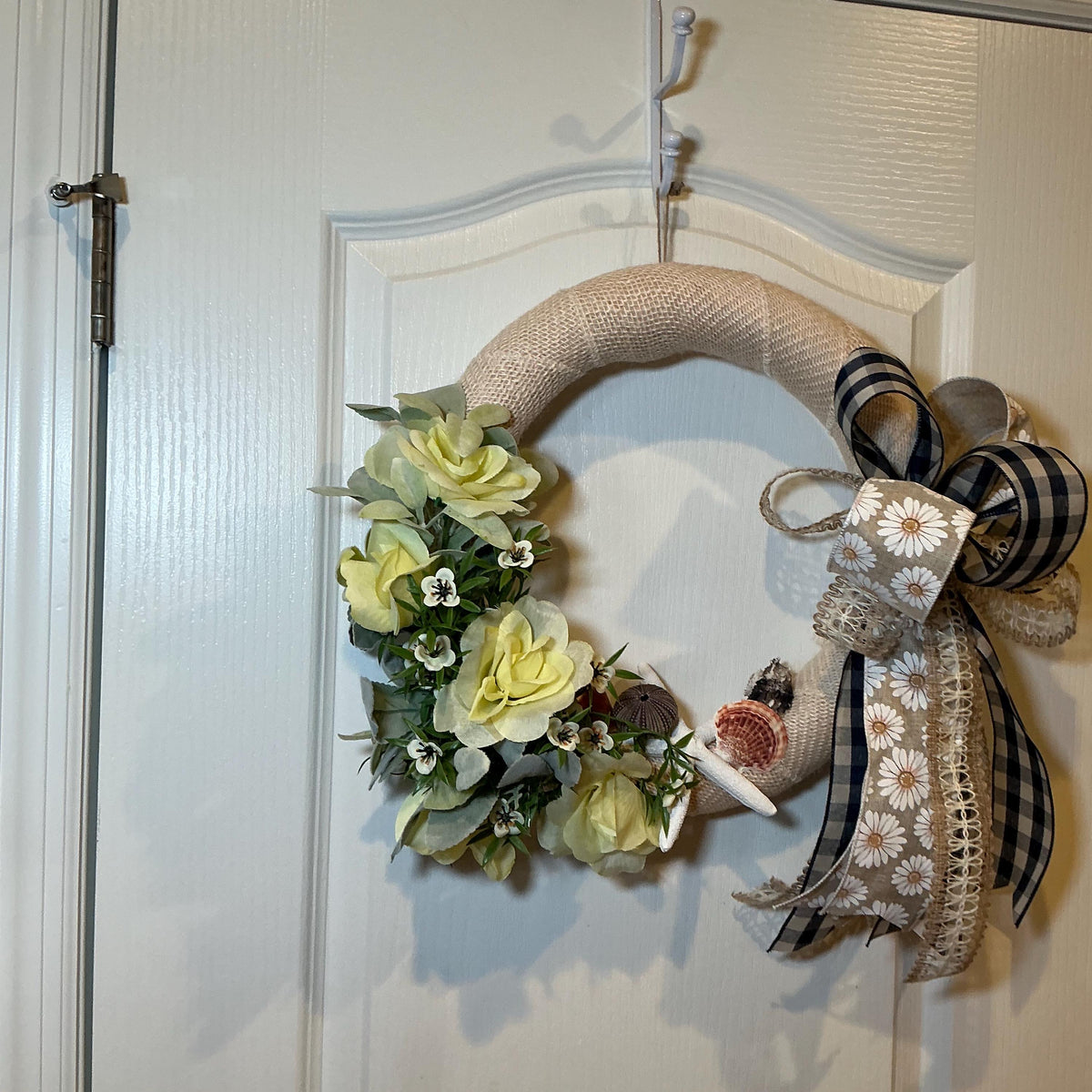 Yellow Rose Burlap Coastal Wreath, Seashell Starfish Beach Decor, Nautical Front Door Wreath, Lake House Housewarming Gift, Handmade Summer